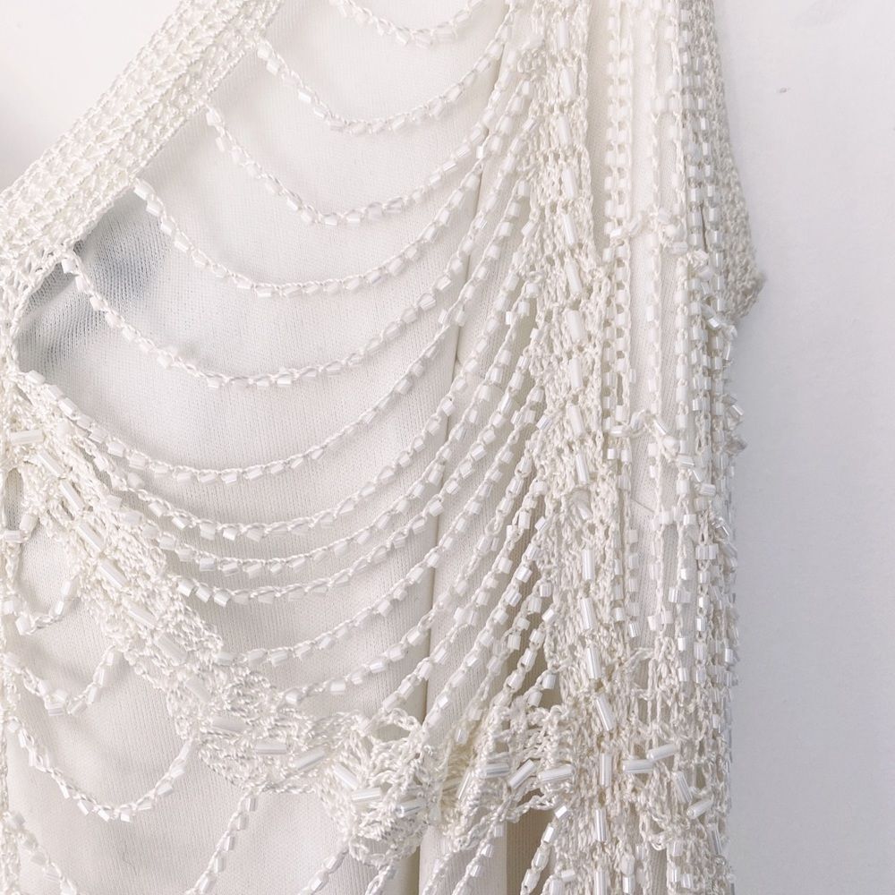 Marina Vintage Beaded Gatsby Style Fringe Dress Size Medium Slightly Off White - Picture 6 of 11